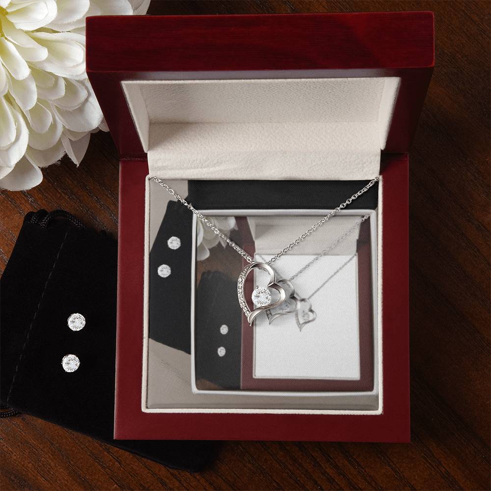 February Forever Love Necklace + Clear CZ Earrings