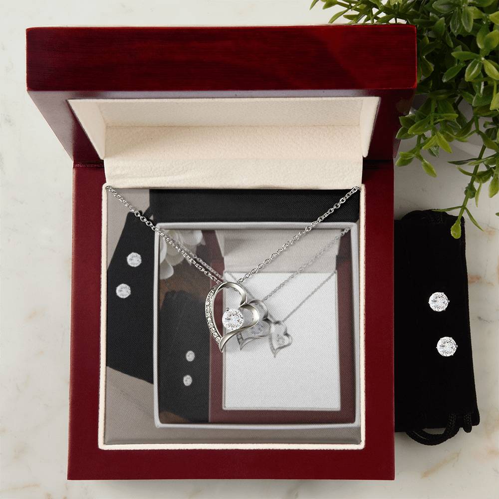 February Forever Love Necklace + Clear CZ Earrings